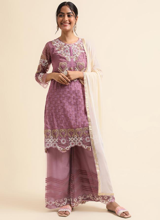 Faux Georgette Mauve Traditional Wear Zari Work Straight Suit